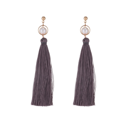 P133689 Grey Tassel With Pearl White Beads Earstuds Wholesale - Click Image to Close