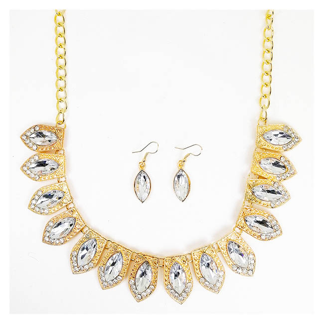 A-CJ-9065 Cleo Gold Symmetry Statement Necklace White Crystals - Click Image to Close