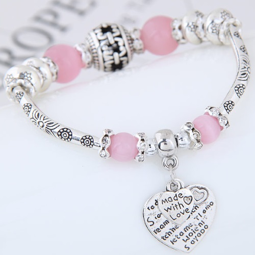 C0150742209 Pink Beads Silver Made Love Adjust Charm Bangle - Click Image to Close
