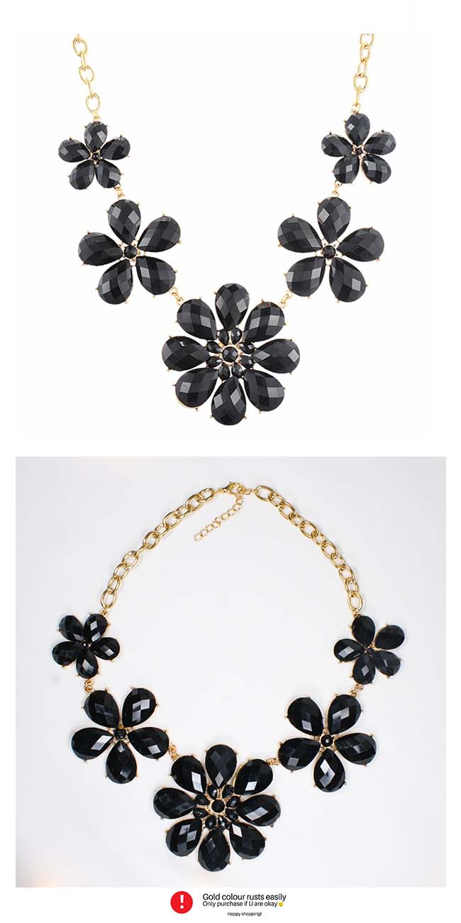A-H2-X597black Black Large Flowers Beads Diamond Inspired Neckla