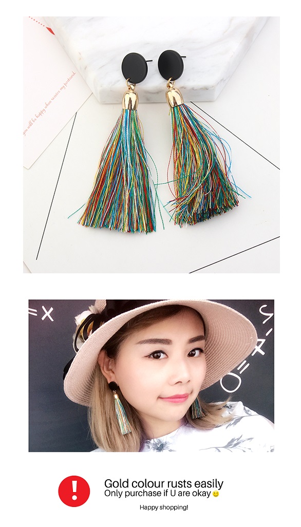 P126908 Colourful Dangling Gold Round Charm Tassel Earstuds