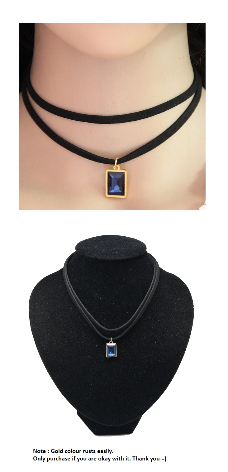 C10062179 Blue rectangle crystal bead 2 layers choker necklace