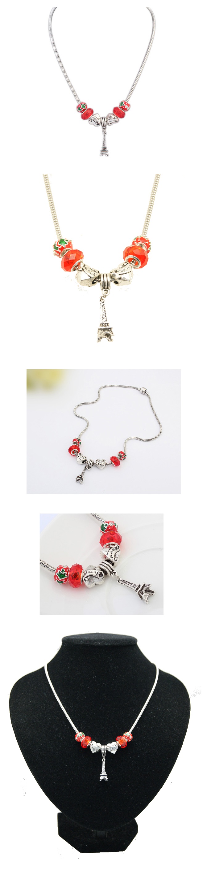 P117024 Eiffel tower paris red bead charm korean short necklace
