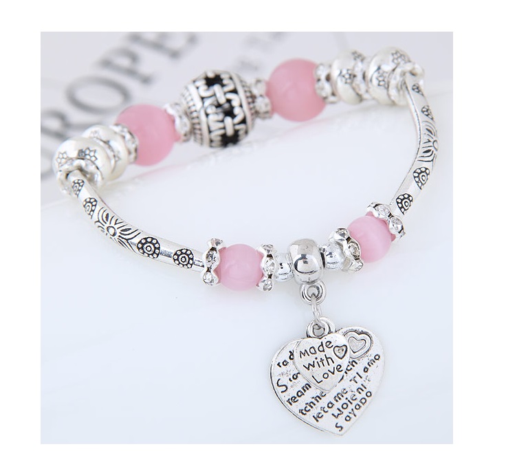 C0150742209 Pink Beads Silver Made Love Adjust Charm Bangle