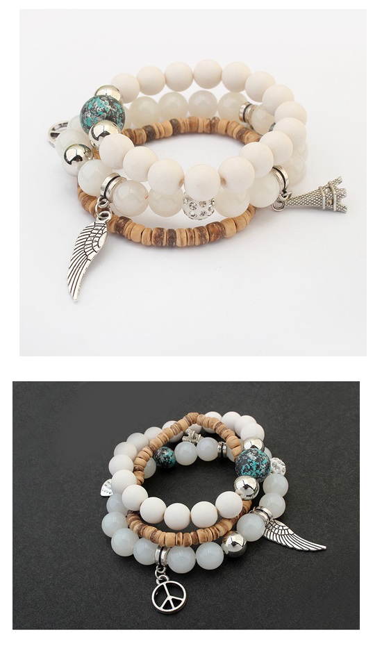P122545 White bead paris eiffel charm elastic bracelet